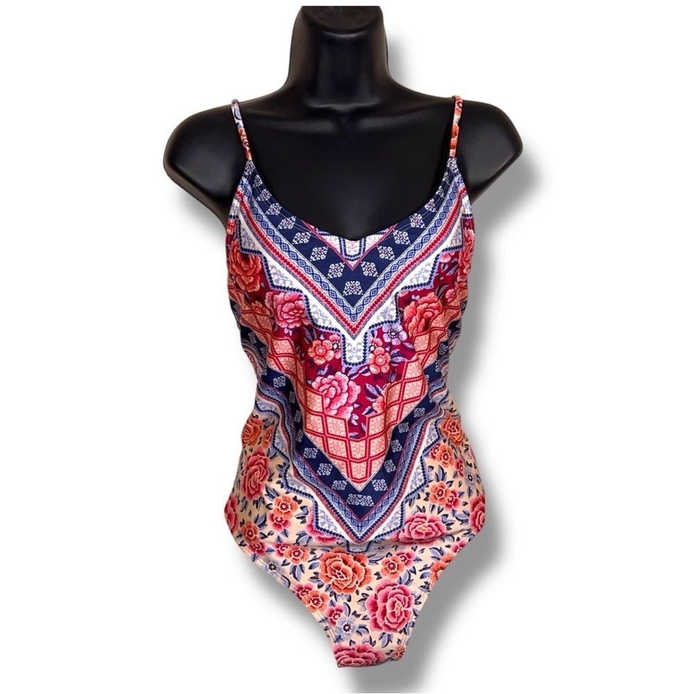 Juniors Large Blue Pink Floral Boho One Piece Swimsuit Colorful Strappy Back